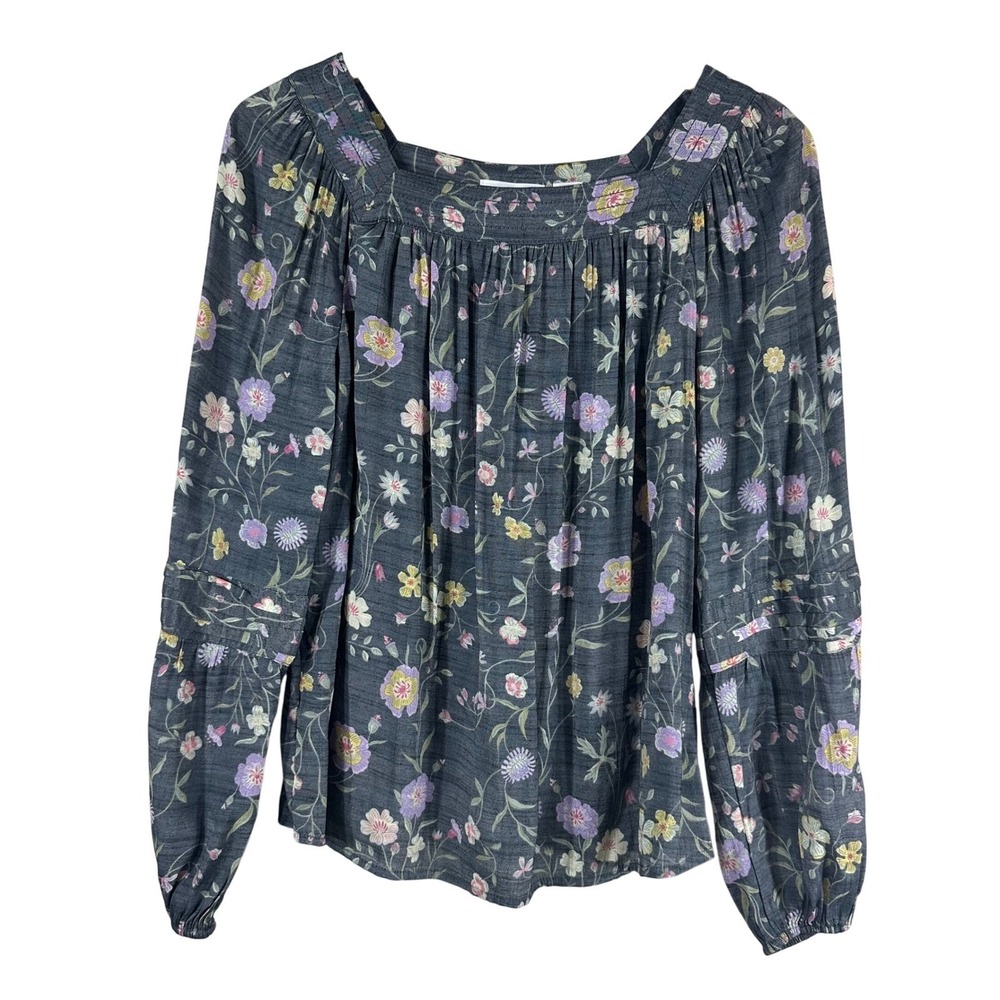 LC Lauren Conrad Womens XS Floral Square Neck Puff Sleeve Blouse Charcoal Grey